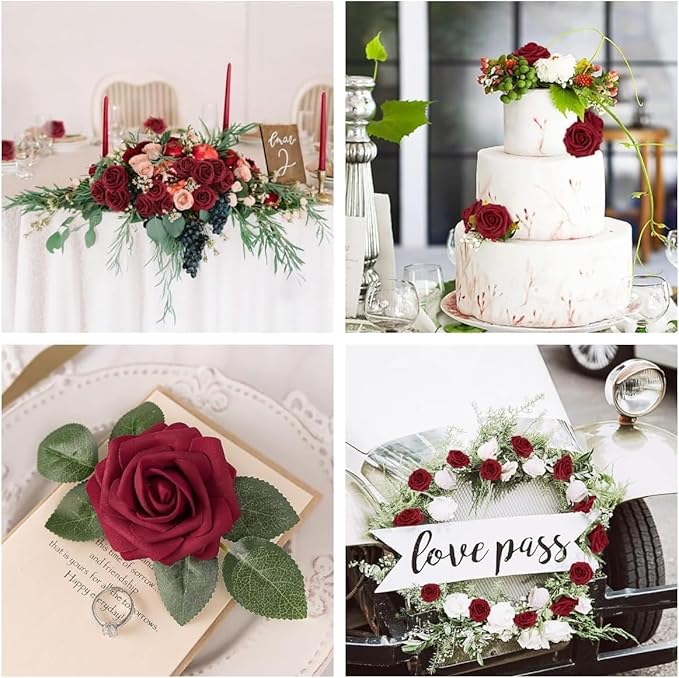 N&T NIETING Artificial Flowers, 25Pcs Fake Flowers Roses Perfect DIY Wedding Bouquets Centerpieces Bridal Shower Party Valentine's Day Home Flower Arrangement Decorations, Dark Red