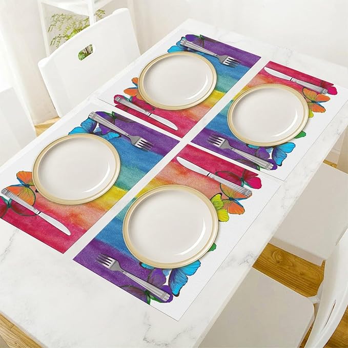 Rainbow Butterfly Placemats Set of 4,Colorful Butterfly Kids Girls Birthday Party Decor Washable for Kitchen Dining Table Heat Resistant Decorative Colth Table Mats 4 PCS, Style-2