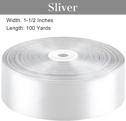 1-1/2 Inches 100 Yards Silver Satin Ribbon, Solid Fabric Ribbon Roll for Flower Bouquets, Gift Wrapping, Wedding, Handmade Crafts