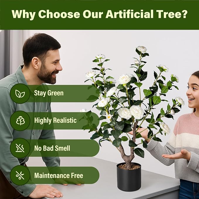 Artificial Camellia Tree,2Pack 3FT Faux White Camellia Plants in Pots,Lifelike Artificial Flower Trees for Indoor Outdoor Home Decor,Realistic Blooming Faux Plants for Bedroom Porch Patio Office