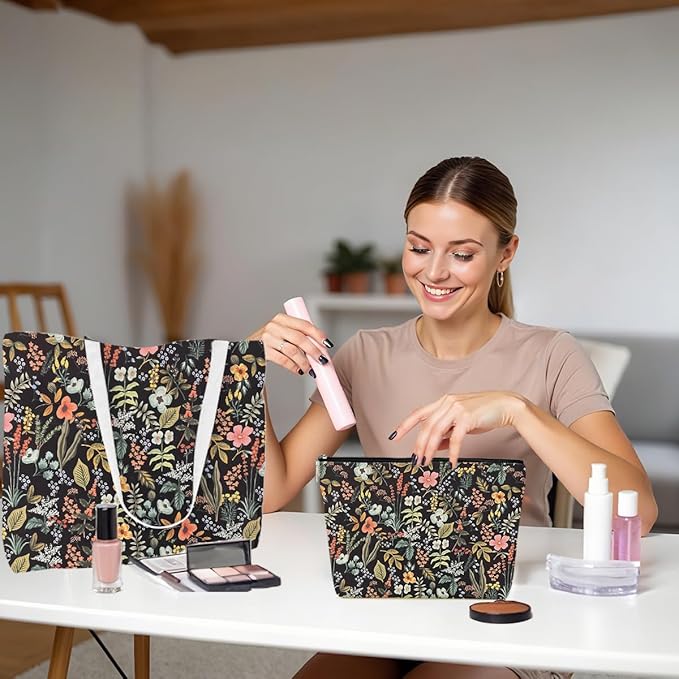 Aesthetic Floral Tote Bag Makeup Bag Flower Decor Gifts for Girls Christmas Shopping Grocery Bags Cosmetic Bags