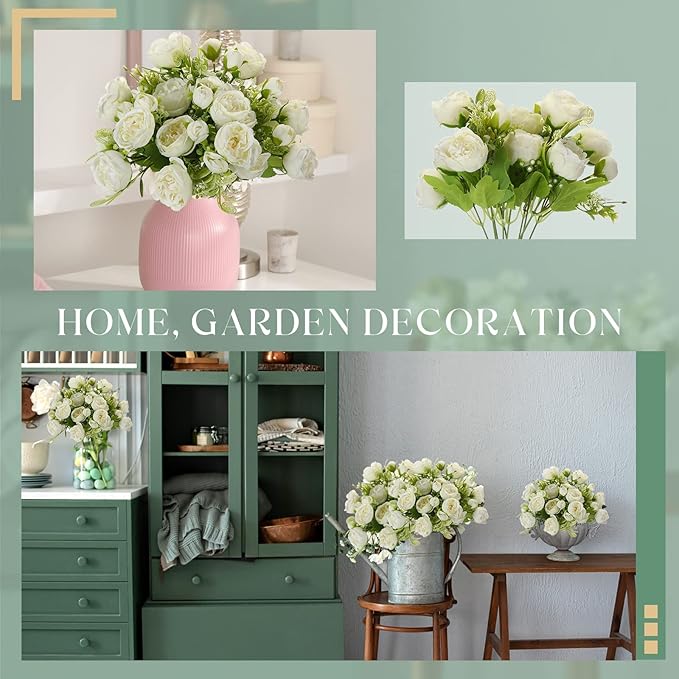 Sumind 16 Bundles Peonies Artificial Flowers Bulk Wedding Silk Faux Flowers with Stems Faux Peony Wedding Bouquets for Bride Florals Arrangements Decor for Table Centerpiece Vase Decoration(White)