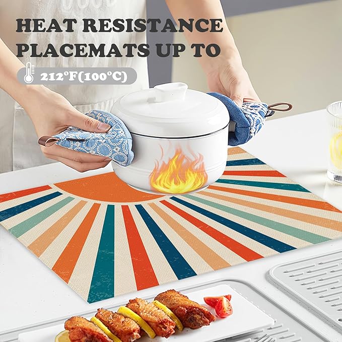 Placemats Set of 4 Retro Colourful Sunrise Place Mats Washable Table Dinner Mats Linen Table Mats for Kitchen Dining Party Home Kitchen Decor 12x18 Inch