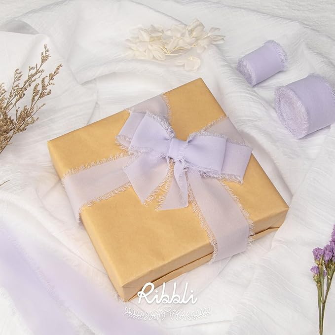 Ribbli Lilac Purple Chiffon Ribbon 1-1/2 inch x 20 Yard Handmade Fringe Chiffon Silk Ribbon,Lilac Ribbon for Wrapping, Wedding Invitations, Bridal Bouquets, Home Decor