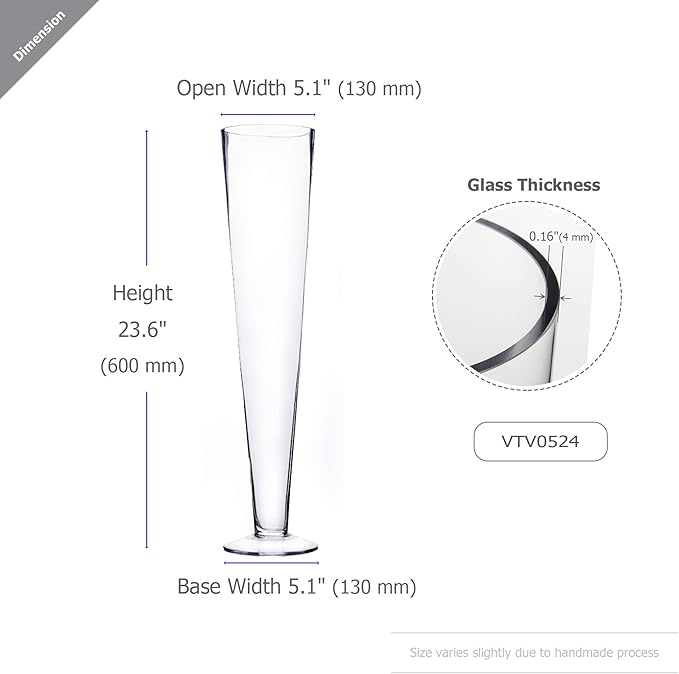 WGV Trumpet Glass Vase, Open 5", Height 23.5", (Multiple Sizes Choices) Clear Tall Pilsner Floral Planter Container Centerpiece, Wedding Event Home Decor, 1 Piece (VTV0524)