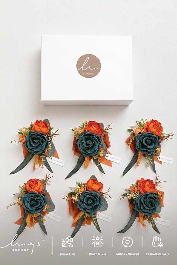 Ling's moment 6pcs Wedding Wrist Corsage Artificial Flowers, Girl/Mother Homecoming Prom Corsages Wristlet Décor, etc. Teal Orange Terracotta