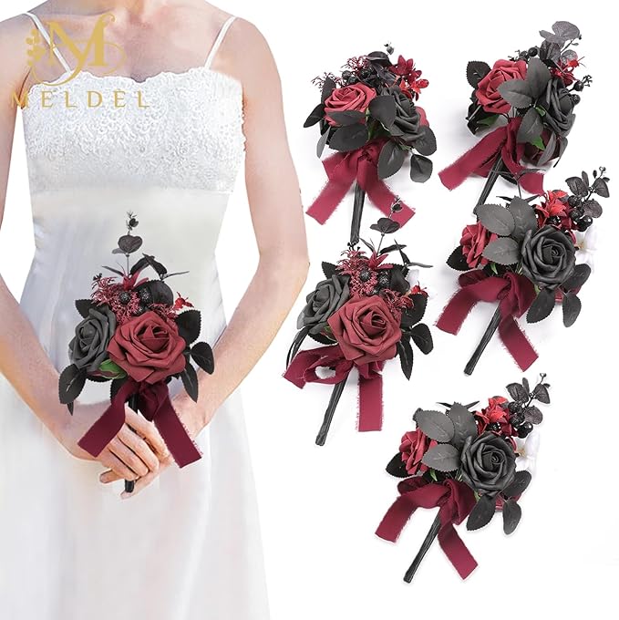 Meldel Wedding Flowers Fake Rose Mini Bridesmaid Bride Bouquets Black Burgundy Set of 6 Small Floral Wedding Centerpieces Decor Artificial Flower Arrangements for Tables Home Party Decorations