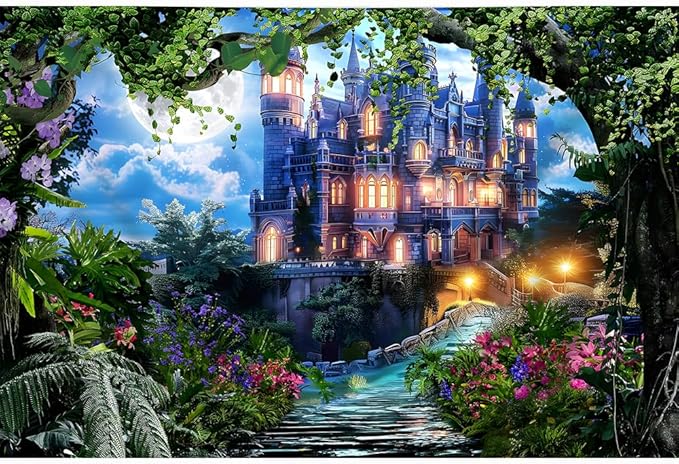 10x6.5ft Spring Fantasy Castle Palace Backdrop Vinyl Fairy Tale Prince Princess Flower Forest Wonderland Castle Photography Background Girl Home Decor Birthday Party Portrait Photo Props