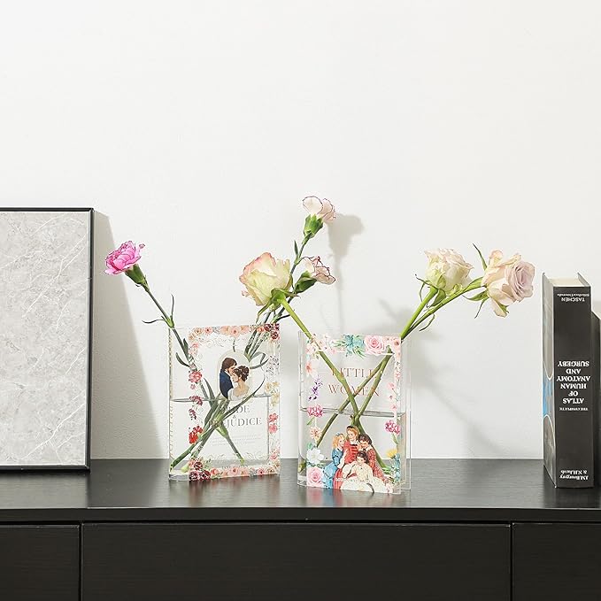 Book Vase, Acrylic Book Vase for Flowers, A Book About Flowers Vase, Book Shaped Vase, Book Flower Vase Clear, Modern Decorative Vase for Living Room, Bathroom, Office, Shelf, Set of 2