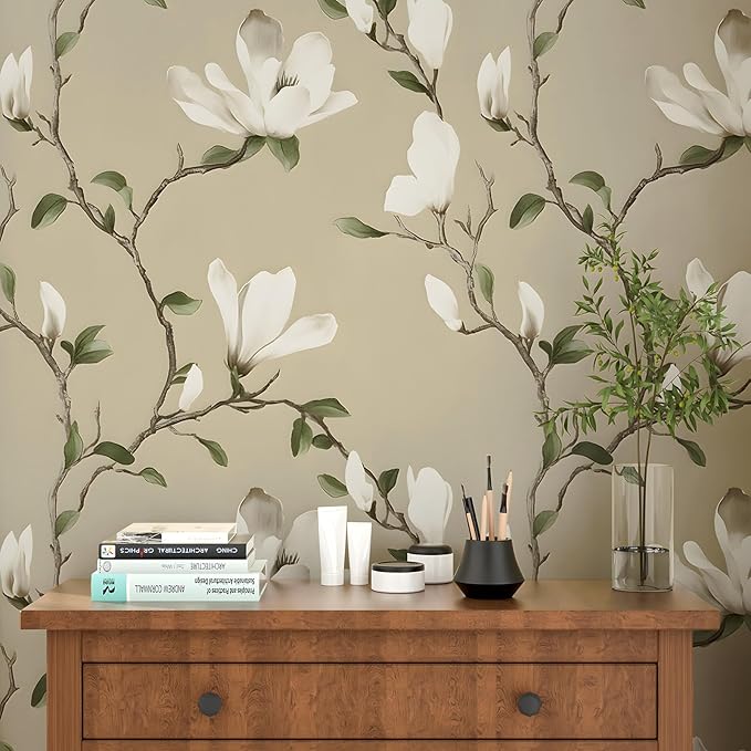 Floral Wallpaper Peel and Stick 17.5in x 32.8ft Vintage Leaf Contact Paper Khaki Magnolia Branches Flower Vinyl Self Adhesive Waterproof Leaf Wall Paper for Bathroom Bedroom Walls Furniture Decor