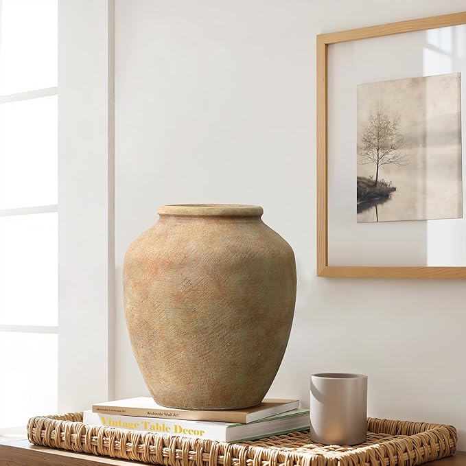 LuxenHome Rustic Ceramic Vase, 10.4" Tall Terracotta Vases with Earthy Brown Tones, Farmhouse Flower Vase for Shelf Living Room Decor, Vintage Pottery for Entry Way Table Home Decor