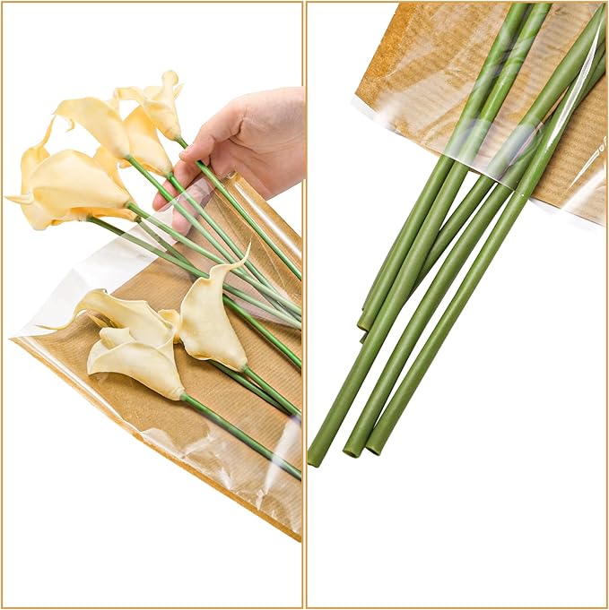 yarlung 100 Pack Flower Wrapping Bags, Kraft Bouquet Wrapping Paper Clear Flower Packing Bags Sleeves Gift for Thanksgiving, Christmas, Birthday Wedding Graduation