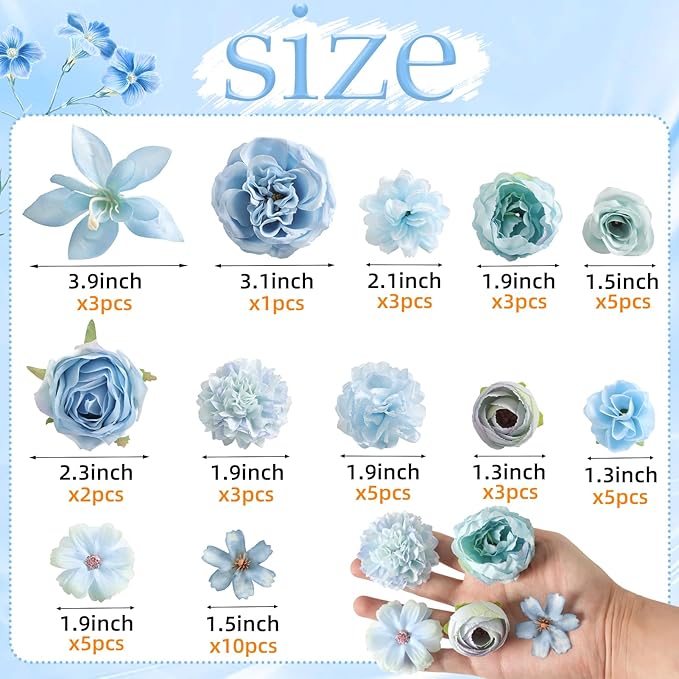Fake Flower Heads for Crafts - Blue Silk Artificial Roses, Peonies, Daisies & Mini Floral Heads Bulk (48-Pack) for Wedding Decor, Graduation Cap, Cake Topper, Baby Shower, Home Decoration