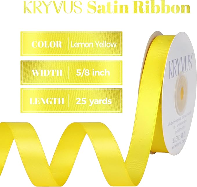 Lemon Yellow Satin Ribbon, Double Faced 5/8 Inch X 25 Yards Lemon Yellow Ribbon, Premium Satin Ribbon for Gift Wrapping, Crafts, Hair Bow Making, Sewing, Flower Bouquet, Wedding Party Decor