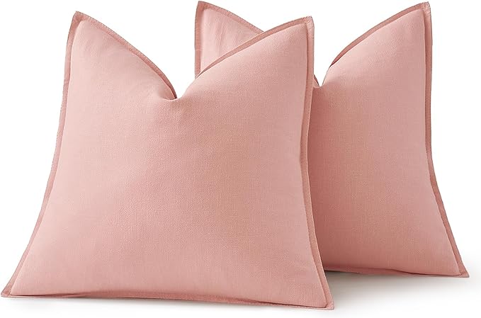 MIULEE Decorative Linen Euro Sham Pillow Covers 24x24 Pink Boho Farmhouse Neutral Couch Throw Pillows for Bed Pack of 2 Accent Modern Pillowcase Sofa Livingroom Home Decor
