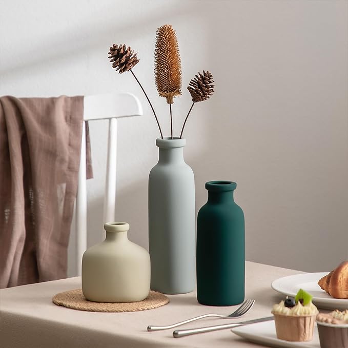 Bud Vase Set of 3 - Rustic Ceramic Vases Set for Flower Centerpieces Pampas Grass - 3 Pieces Terracotta Vase for Decor - Modern Decoration Pottery Vases for Home Farmhouse, Mini Vase by Lyeec