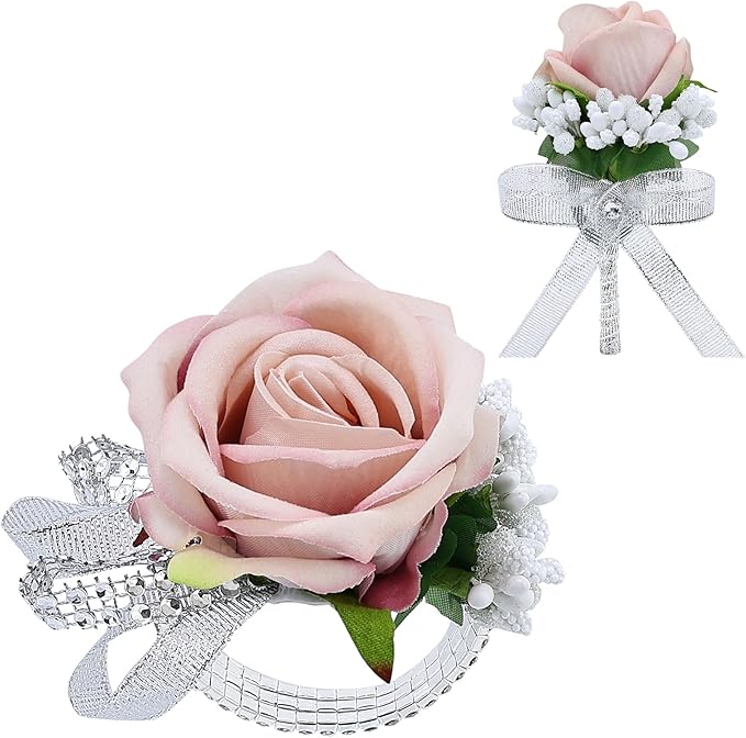 2Pcs Dust Pink Rose Corsage and Boutonniere Set, Artificial Wrist Corsage Wristlet Bracelets, Men Boutonniere for Wedding Anniversary Party Homecoming Flowers Accessories Prom Decor