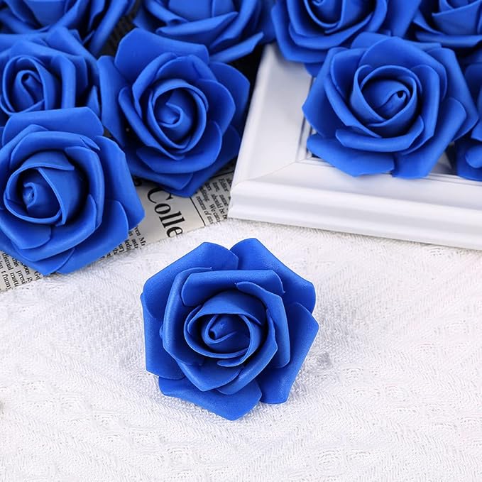 200pcs Royal Blue Artificial Foam Rose Flower Head, 3-Inch Blue Fake Flower Heads Stemless Flowers for DIY Crafts,Wedding Bouquets Party Baby Shower Home Decor (Royal Blue)