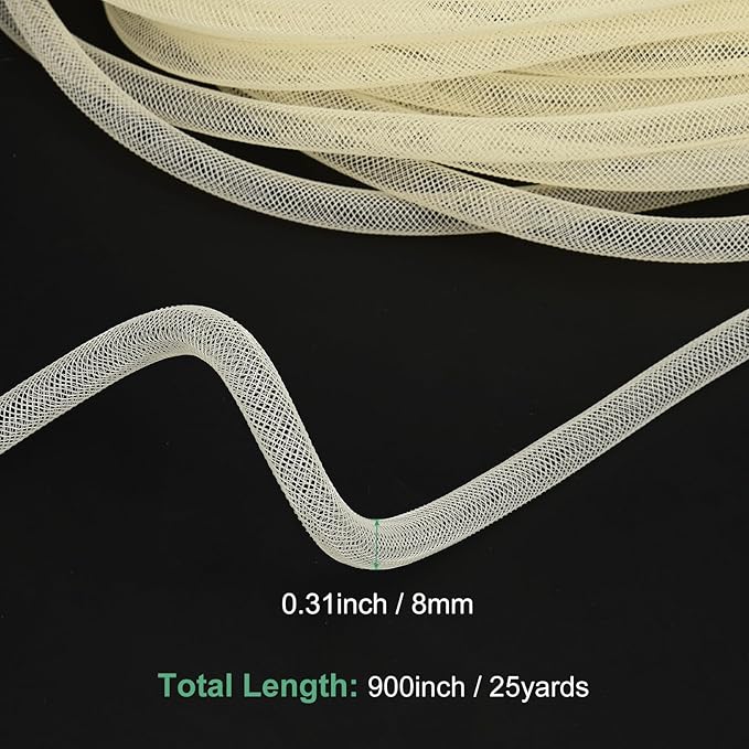 Mesh Tube Ribbon 25 Yards, 8mm Elastic Fabric Ribbons Mesh Tubing for Crafts/Gift Wrapping/Flower Bouquets/Wedding/Birthday/Holiday/Wreaths Christmas/Decoration[Cream Yellow]