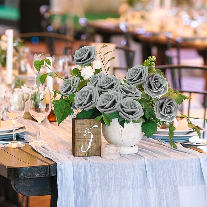 JOYLEX Artificial Flowers Realistic Roses, Real Looking Fake Roses with Stem for DIY Wedding Bouquets Centerpieces Bridal Shower Party Home Romantic Decorations (Grey, Regular 3" - 200pcs)
