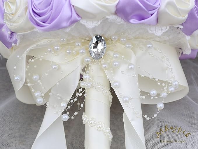 Bridal Wedding Bouquet Round Bling Brooch Bouquet Throw Toss Artificial Rose Flower Bunch for Bride Bridesmaid Wedding Quinceanera(Light Purple & Ivory, 6.3")