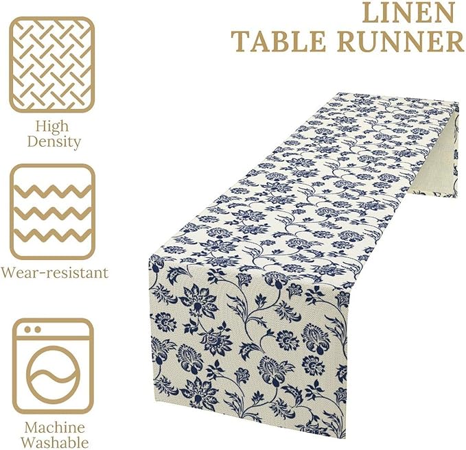 Boho Floral Table Runner, Navy Blue Paisley Flower Traditional Porcelain Vintage Decor Table Runner for Kitchen Dining Party, 13x120 Inch