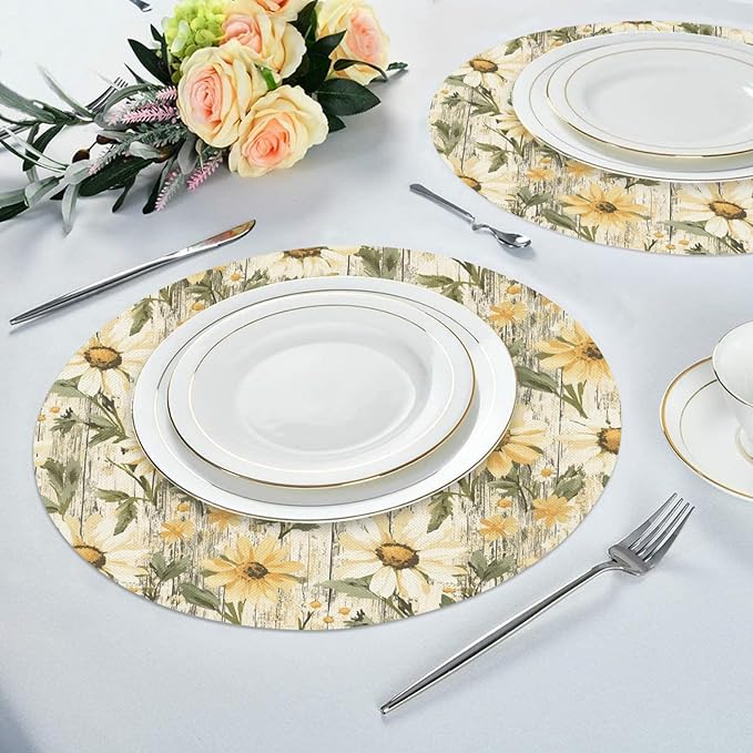 Flower Round Placemat Set of 4 Elegant Linen Table Mats for Dining, Heat Resistant, Stain Resistant Perfect for Dinner Parties, Restaurants, and Everyday Use