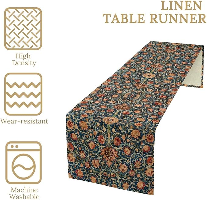 William Morris Table Runner, Boho Rustic Ethnic Flower Original Design Print Table Runner for Home Party Dining Room Kitchen Decor 13x60 Inch