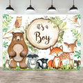 8x6ft Woodland Baby Shower Backdrop It's a Boy Photography Background Jungle Green Grass Leaves Animals Bear Fox Deer Baby Boys Party Banner Decorations Newborn Portrait Photo Booth Prop