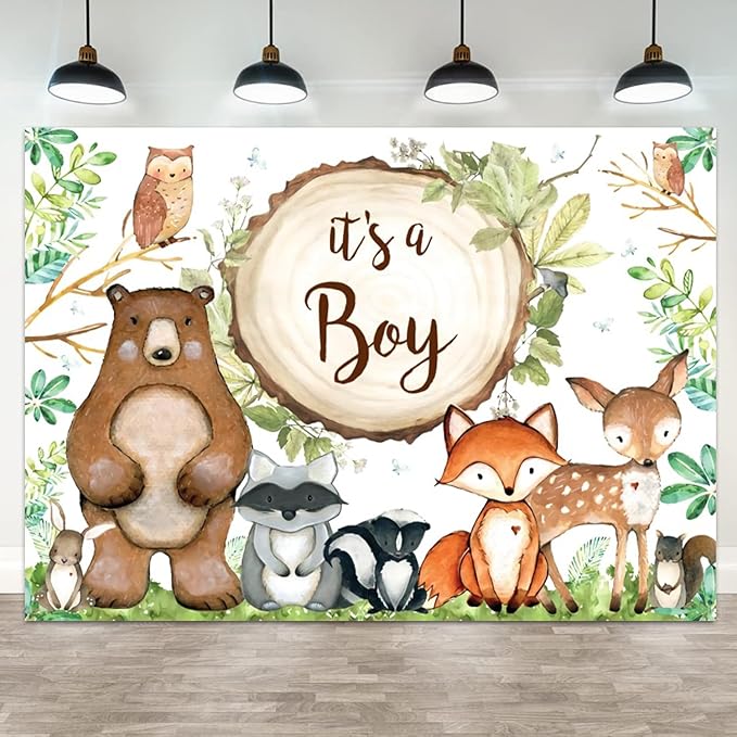 10x6.5ft Woodland Baby Shower Backdrop It's a Boy Photography Background Jungle Green Grass Leaves Animals Bear Fox Deer Baby Boys Party Banner Decorations Newborn Portrait Photo Booth Prop