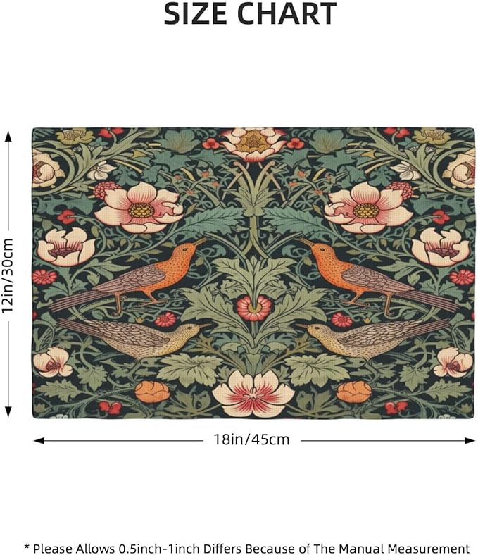 William Morris Placemats, Vintage Rustic Natural Green Plant Flower Strawberry Birdie Print Washable Fabric Placemats Table Kitchen Dining Party 12x18 Inch Set of 4