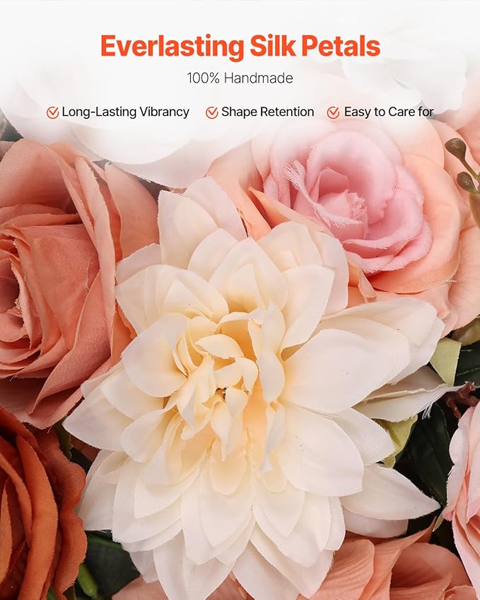 VEVOR Artificial Wedding Arch Flowers Kit, Orange Wedding Arch Flowers with Drapes Kit (Pack of 5) - 2 Pcs Floral Arrangement, 3 Pcs Sheer Drapes, for Ceremony Bouquets Reception Backdrop Decoration