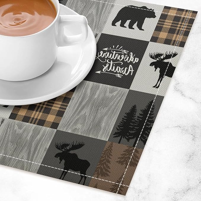 Rustic Cabin Placemats Bear Deer Moose Hunting Plaid Check Art Printed Dining Table Mats Set of 4 for Home Kitchen Holiday Picnic Party Decor 12x18in