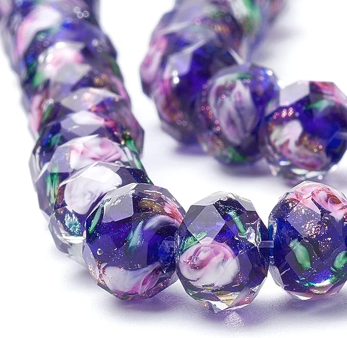 PH PandaHall 60pcs 8~10mm Midnight Blue Rose Lampwork Beads Gold Sand Glass Beads 2mm Hole Flower Glass Beads Floral Handmade Lampwork Beads Round Loose Beads for Rosary Making Jewelry Craft Making