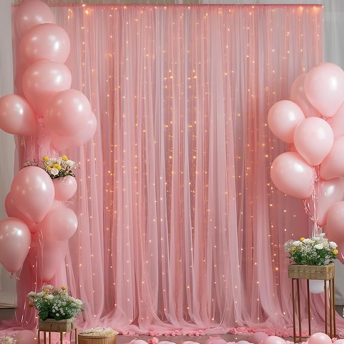 10ft x 8ft Dusty Rose Backdrop Curtain with Lights String for Parties, Sheer Tulle Wedding Photo Backdrops Drapes for Baby Shower Birthday Party Decorations Background for Photography
