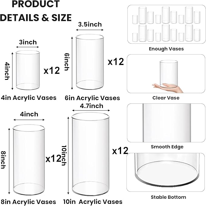48 Pack Plastic Cylinder Vases, 4 6 8 10 Inch Tall Acrylic Cylinder Clear Flower Vase Set Bulk Glass Like Large Round Plastic Vases for Centerpiece Wedding Home Office