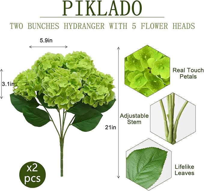 A Bunch 21in, Real Touch Hydrangea Artificial Flowers, with 10pcs Flower Head 20pcs Leaves, Faux Hydrangea Flowers for Home Office Decor Wedding Party Arrangements (2, Green)