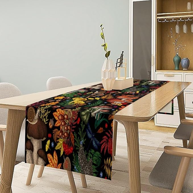 Nature Mushroom Table Runner,Retro Boho Floral Botanical Plant Forest Pattern Print Tablecloth Burlap for Hotel Indoors Outdoor Dining Room Kitchen Holiday Party, 13x60in