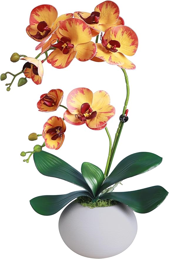 Forlaoers Real Touch 17" Tall Yellow Faux Orchid Artificial Flowers Orchids Silk Flower with Vase Fake Plant for Home Decor Indoor Table Centerpiece Floral Arrangements Decoration