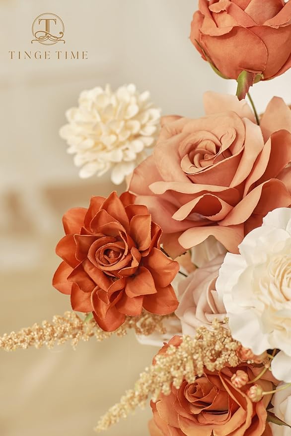 TINGE TIME Artificial Flowers Light Burnt Orange & Champagne Flower Combo for DIY Wedding Bouquets Table Centerpieces Arrangements Party Dinner Party Baby Shower Home Fall Decorations