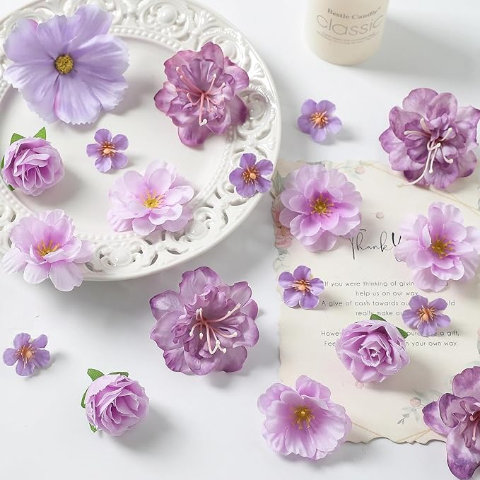 210Pcs Mini Fake Flower Heads Purple Small Silk Faux Flower Heads Artificial Rose Daisy Multicolor Flowers Bulk for Cake Crafts DIY Graduation Cap Wedding Hair Dresses Wreath Party Home Decor