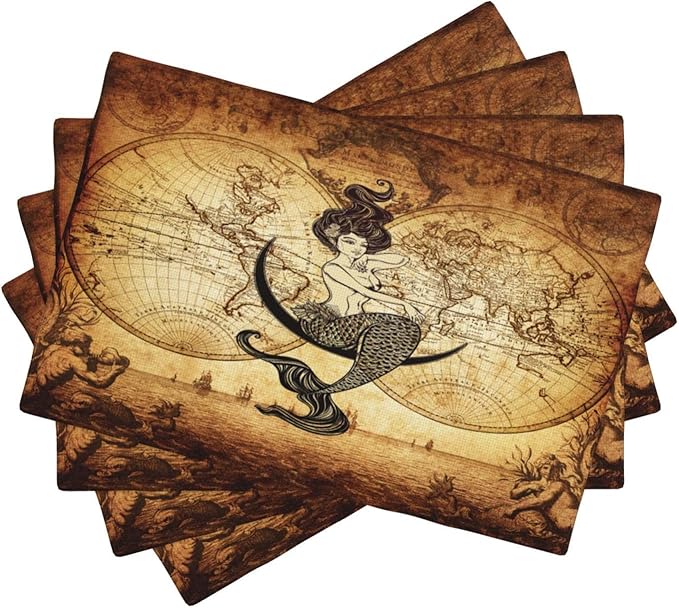 Vintage Mermaid Map Placemats, Old 70s Nautical Pirate World Map Print Washable Fabric Placemats Table Kitchen Dining Party 12x18 Inch Set of 4