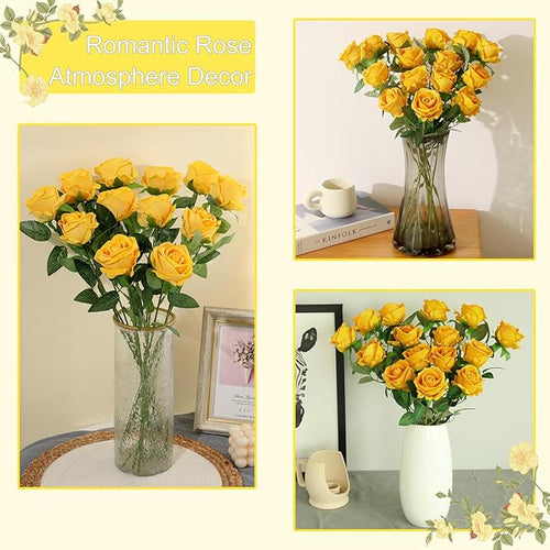 12Pcs Yellow Roses Artificial Flowers Fake Roses Faux Velvet Silk Flower for Home Wedding Decoration (Pearl Rose, Yellow)