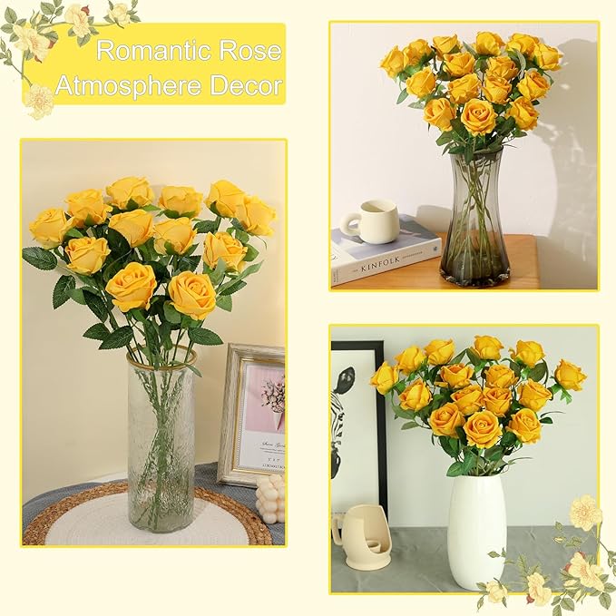 50Pcs Yellow Roses Artificial Flowers Fake Roses Faux Velvet Silk Flower for Home Wedding Decoration (Pearl Rose, Yellow)