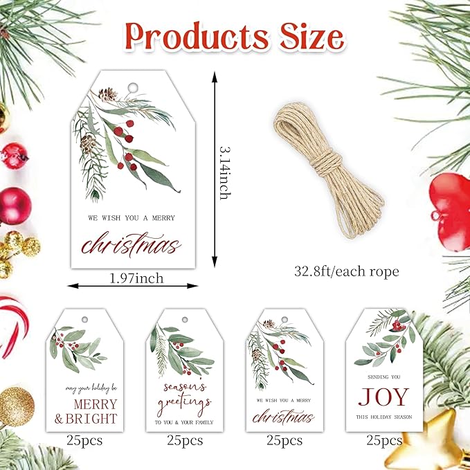 100 Pcs Merry Christmas Gift Tags Happy Holidays Paper Tag Watercolor Holly Xmas Hanging Label Tags with Hemp Rope for Xmas Season Gift Wrapping DIY Crafts, 4 Designs