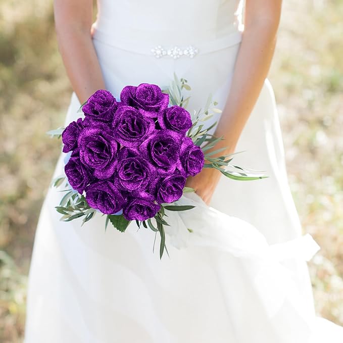 30PCS Purple Glitter Roses Artificial Flowers Faux Roses with Stems for DIY Crafts Wedding Bouquet Party Home Decor(Purple)