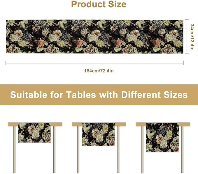 Vintage Flowers Table Runner,Black Rose Peony Gothic Floral Spring Summer Seasonal Table Runner for Home Kitchen Table Dining Indoor Outdoor Party Decor 13x60 Inch