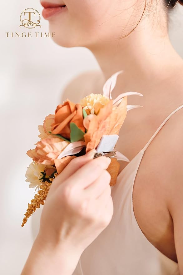 TINGE TIME 2pcs Wedding Shoulder Corsages Artificial Flowers Terracotta Cream, Mother of The Bride/Groom Corsage for Fall Wedding, Homecoming, Prom, Anniversary & Formal Dinner Party