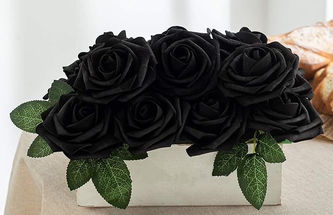 Artificial Flower Black Rose 25pcs Real Fake Rose with Stems Leaves for Home Decoration Party Garden Centerpieces DIY Wedding Bouquets（Black）