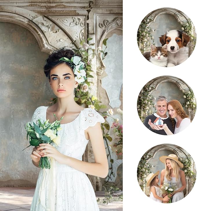 7x5ft Retro White Wildflower Backdrop Vintage Old Palace Building Concrete Wall Photography Background for Wedding Valentines Day Mother-to-be Bridal Shower Birthday Princess Portrait